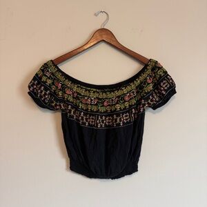 Embroidered Boho Crop Top Women M Black Off The Shoulder Festival Smocked Earthy